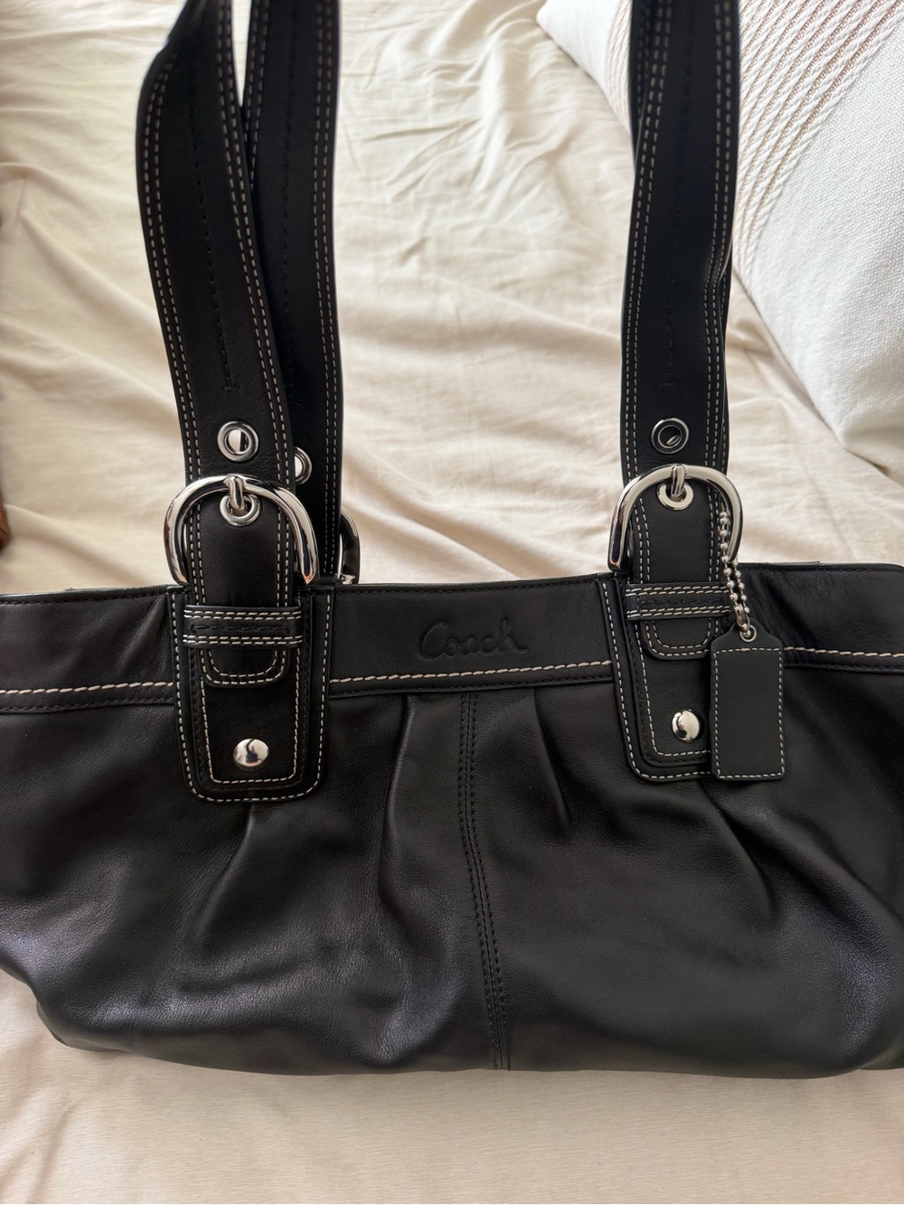 Coach Black Leather Shoulder Bag with White Contrast Stitching